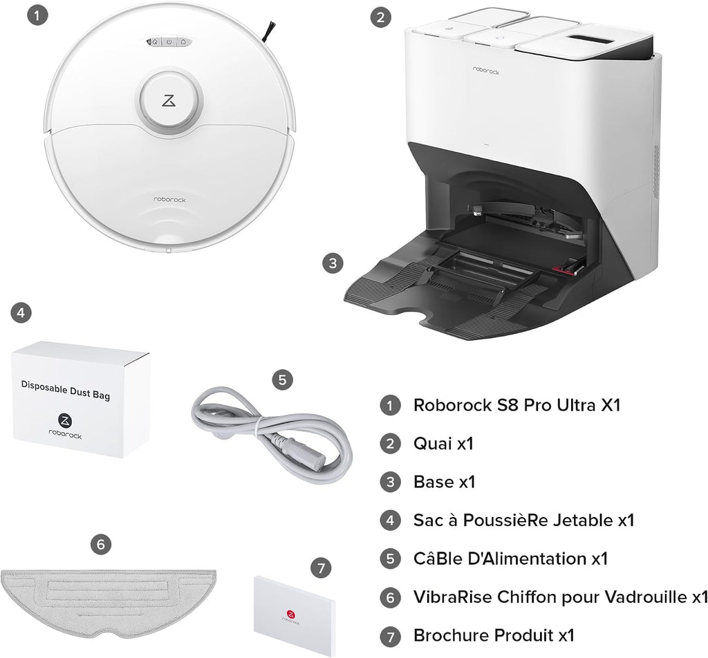 Roborock S8 Pro Ultra – Robot Aspirateur Laveur, 6 000 Pa, Station RockDock Ultra, Autonomie 300 m²